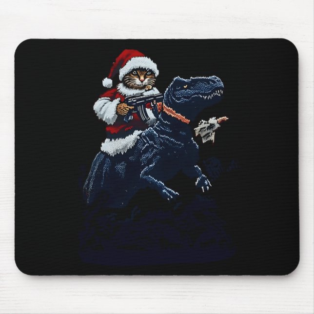 Mousepad Christmas Cat In Santa Hat Holding A Gun And Dinos (Frente)