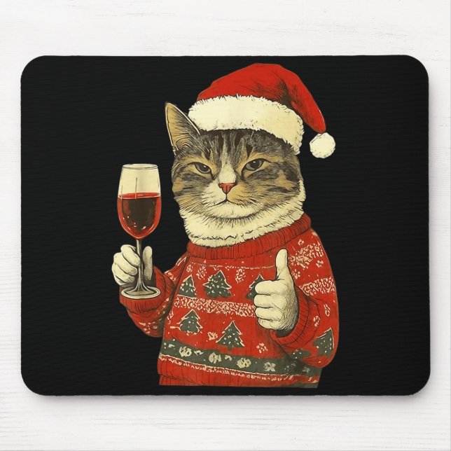 Mousepad Christmas Cat Likes Cute Cat Drinking Wine With Sa (Frente)