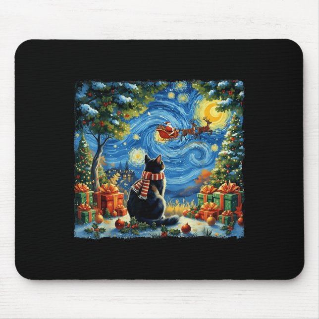 Mousepad Christmas Cat Starry Night Holiday Van Gogh Xmas S (Frente)