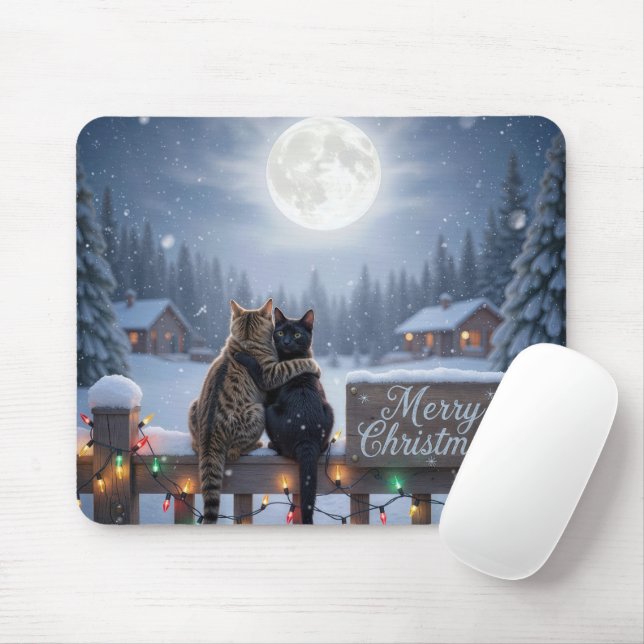 Mousepad Christmas Cats Embracing On a Snowy Fence (Com mouse)