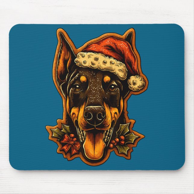 Mousepad Christmas Doberman Dog With Santa Hat Gingerbread  (Frente)