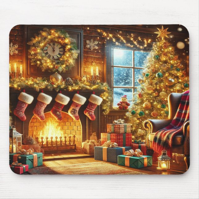 Mousepad Christmas fireplace & tree in a winter wonderland  (Frente)