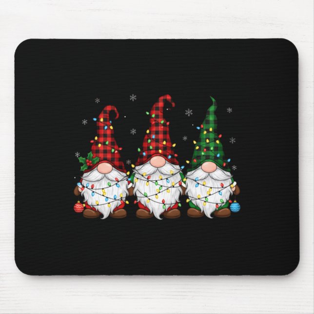 Mousepad Christmas Gnome Trio Buffalo Plaid Lights Cute Xma (Frente)
