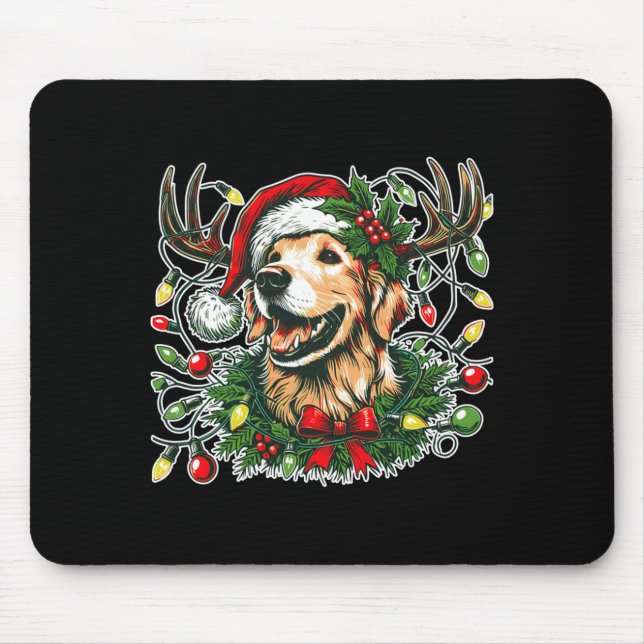 Mousepad Christmas Golden Retriever Antlers Santa Hat Long  (Frente)