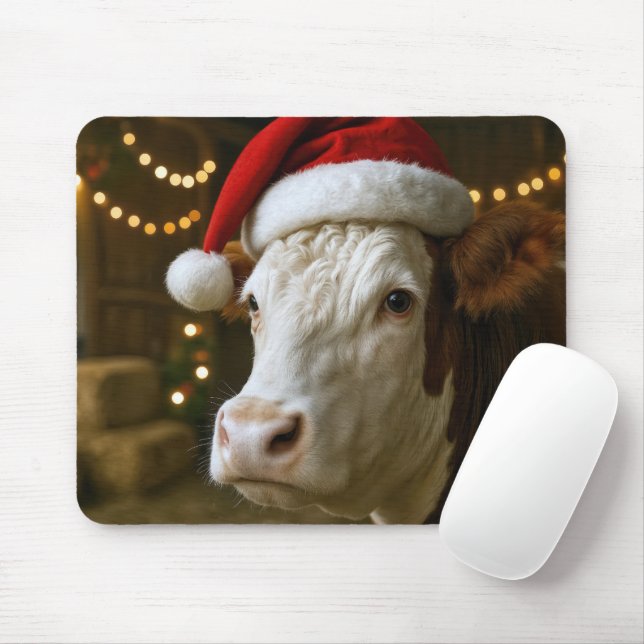 Mousepad Christmas Hereford Cow Wearing a Santa Hat (Com mouse)