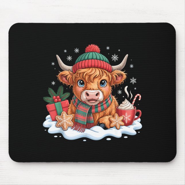 Mousepad Christmas Highland Cow Cute Heifer Cow Santa Hat M (Frente)