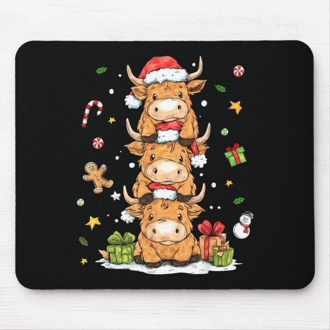 Mousepad Christmas Highland Cow Cute Heifer Cow Santa Hat M (Frente)