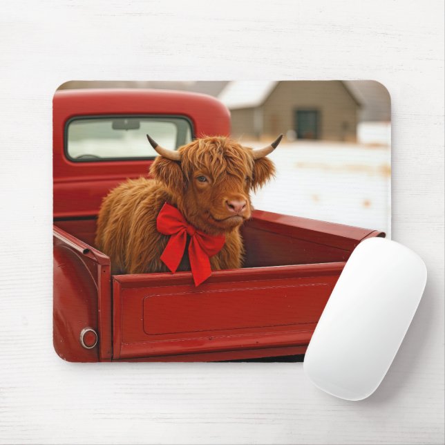 Mousepad Christmas Highland Cow In Old Red Truck (Com mouse)