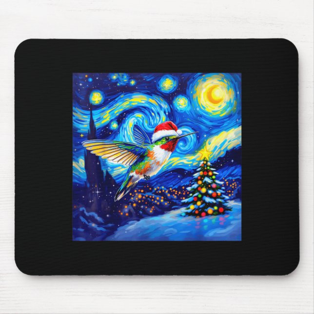 Mousepad Christmas Hummingbird Santa Hat Van Gogh Starry Ni (Frente)