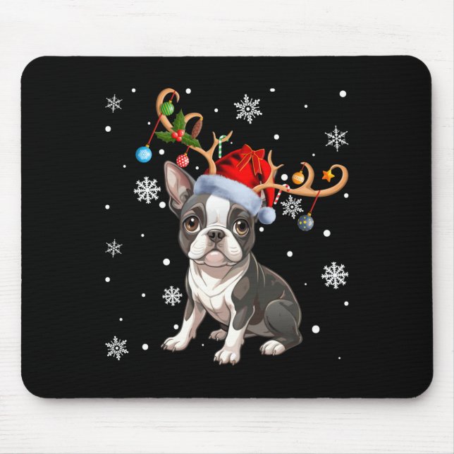 Mousepad Christmas Light Reindeer Santa Hat Boston Terrier  (Frente)