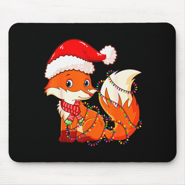 Mousepad Christmas Lights Fox Wearing Xmas Hat - Cute Funny (Frente)