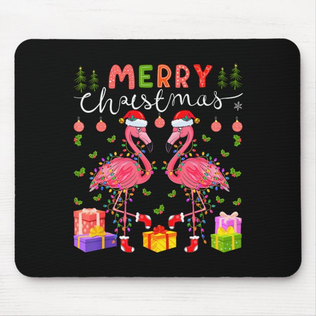 Mousepad Christmas Lights Xmas Flamingo Lover Santa Hat Fla (Frente)