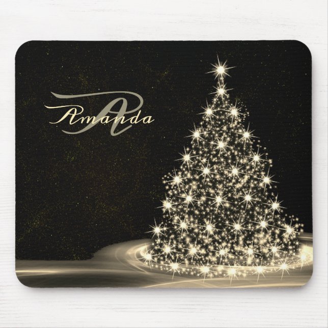 Mousepad Christmas Monogram Golden Shiny Tree Winter Black (Frente)
