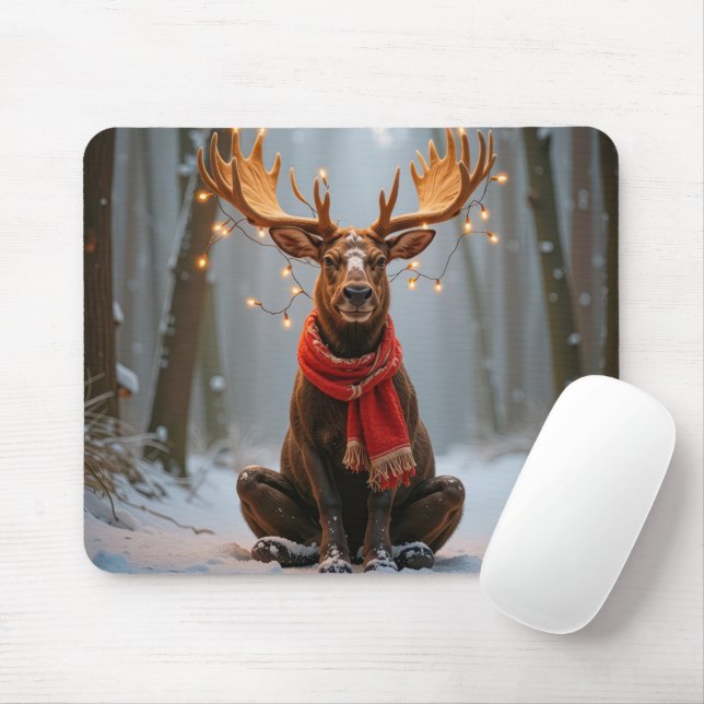 Mousepad Christmas Moose Wearing Scarf and Lights (Com mouse)