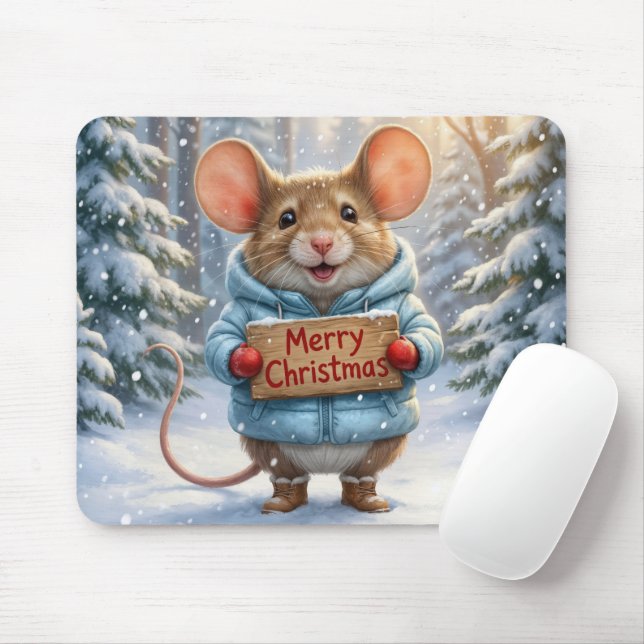 Mousepad Christmas Mouse In Winter Forest (Com mouse)