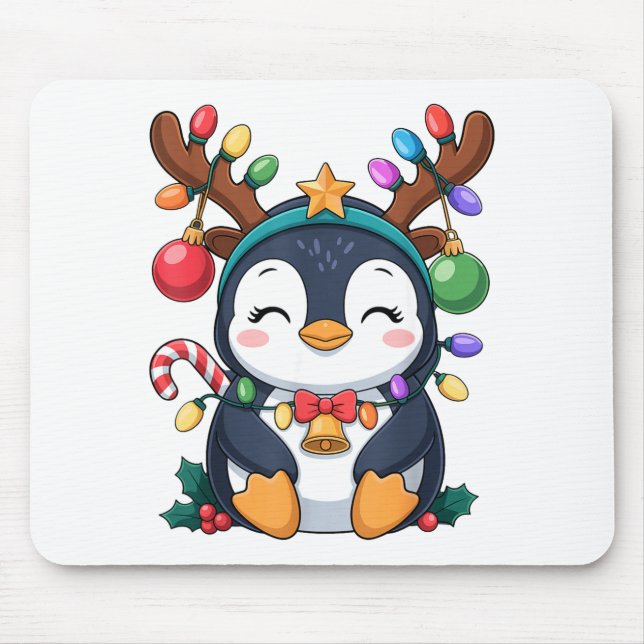 Mousepad Christmas Penguin Reindeer Lights Holiday Animal K (Frente)