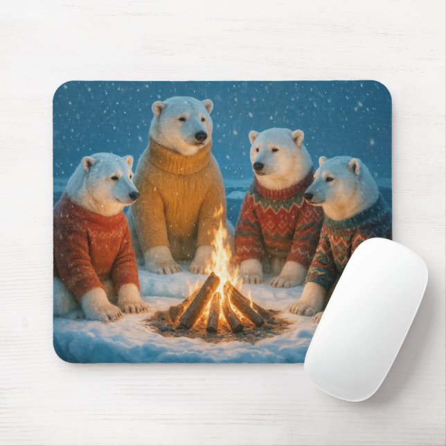 Mousepad Christmas Polar Bears Around a Bonfire (Com mouse)
