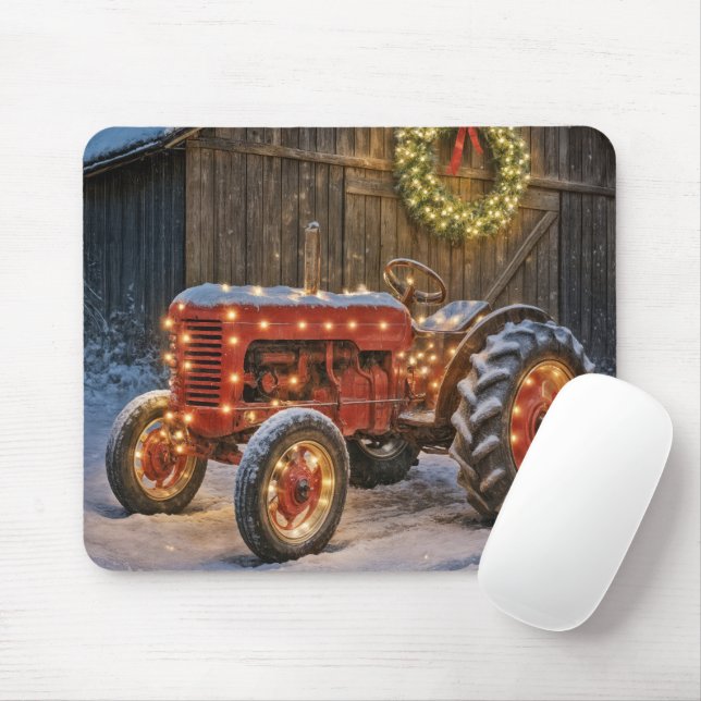 Mousepad Christmas Red Farm Tractor With Glowing Wreath (Com mouse)