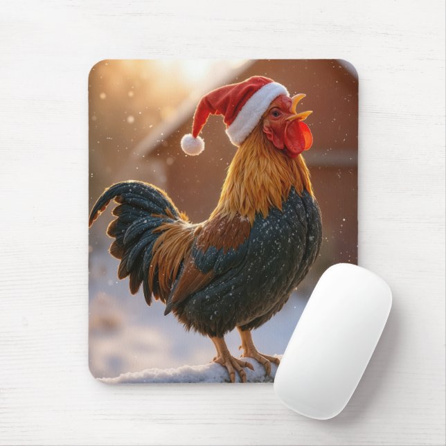 Mousepad Christmas Rooster Wearing a Santa Hat (Com mouse)