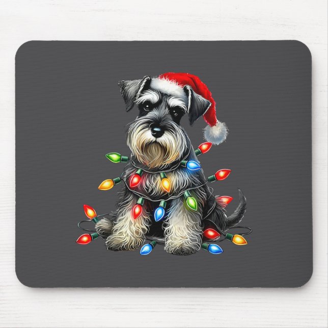 Mousepad Christmas Schnauzer Dog Santa Hat Xmas Light Holid (Frente)