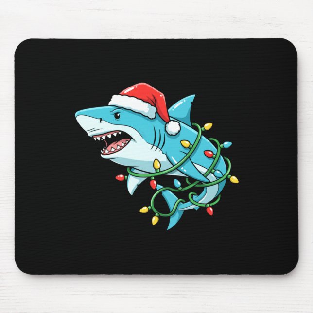 Mousepad Christmas Shark Santa Hat Wrapped In Lights Funny  (Frente)