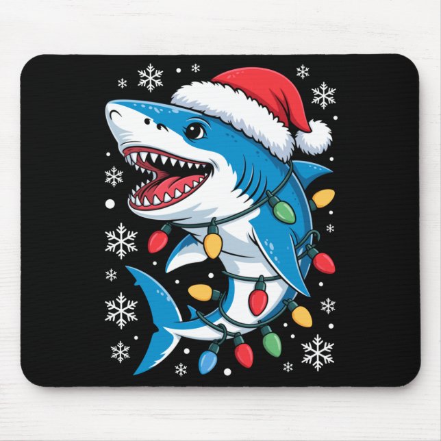 Mousepad Christmas Shark Santa Hat Wrapped Lights Holiday S (Frente)