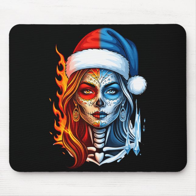 Mousepad Christmas Sugar Skull Art Woman Santa Hat Fantasy  (Frente)