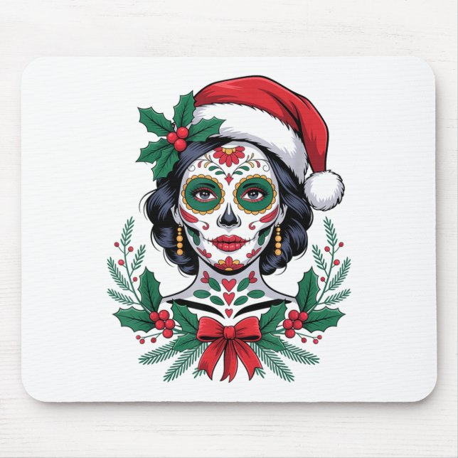 Mousepad Christmas Sugar Skull Art Woman Santa Hat Festive  (Frente)