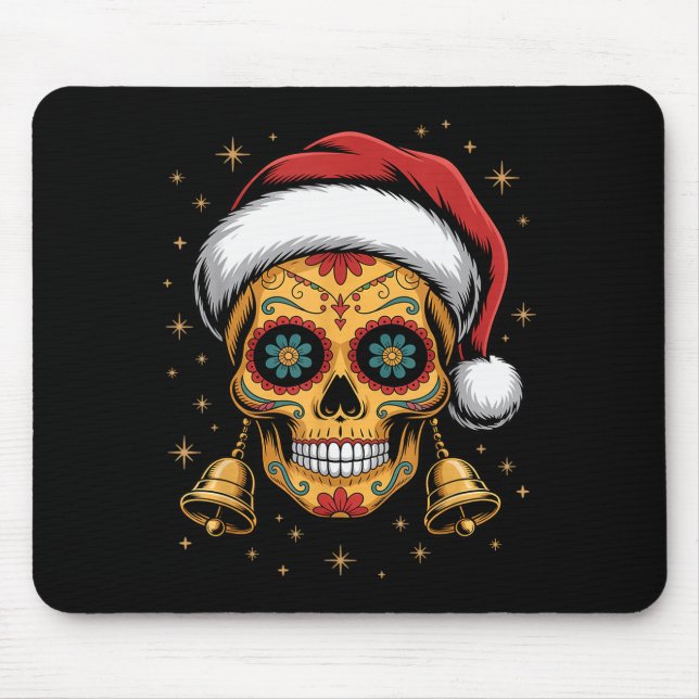 Mousepad Christmas Sugar Skull Art Woman Santa Hat Festive  (Frente)
