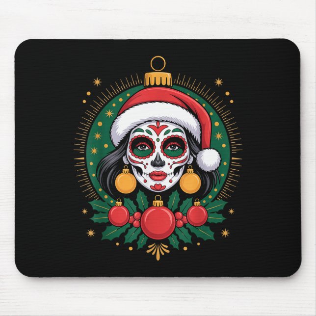 Mousepad Christmas Sugar Skull Art Woman Santa Hat Festive  (Frente)