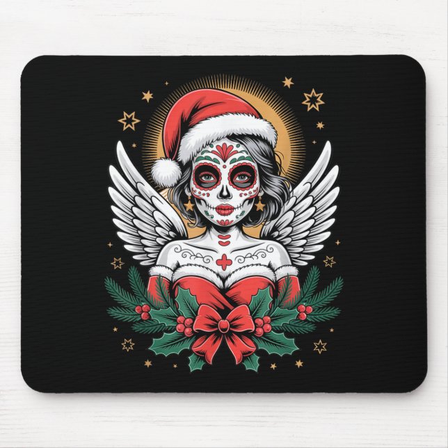 Mousepad Christmas Sugar Skull Art Woman Santa Hat Festive  (Frente)