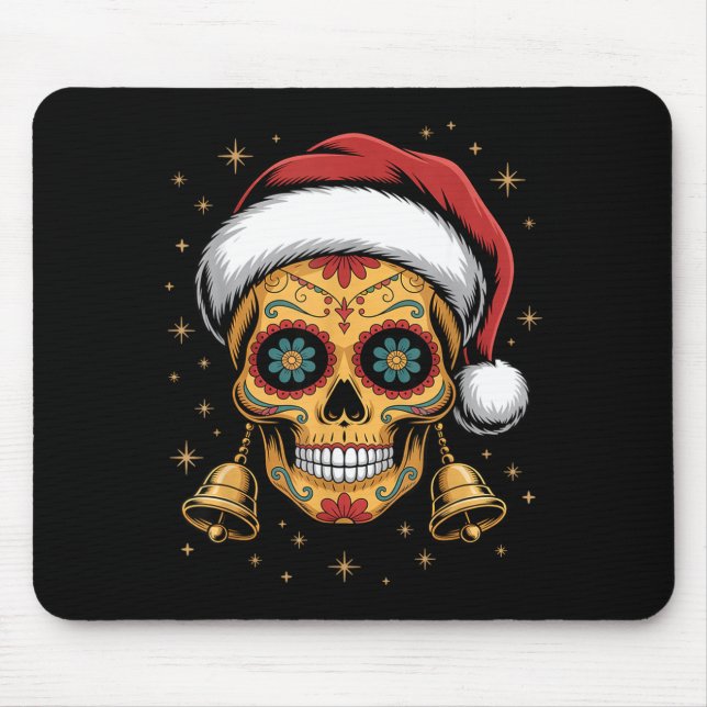 Mousepad Christmas Sugar Skull Art Woman Santa Hat Festive  (Frente)