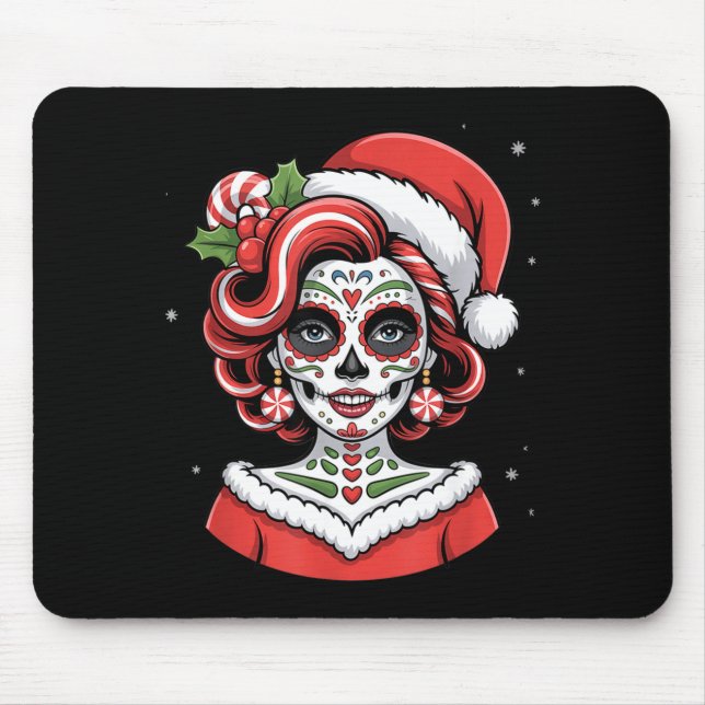 Mousepad Christmas Sugar Skull Art Woman Santa Hat Festive  (Frente)
