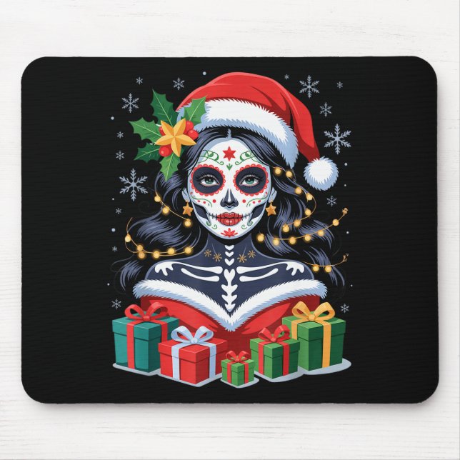 Mousepad Christmas Sugar Skull Art Woman Santa Hat Festive  (Frente)