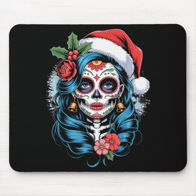 Mousepad Christmas Sugar Skull Art Woman Santa Hat Festive  (Frente)