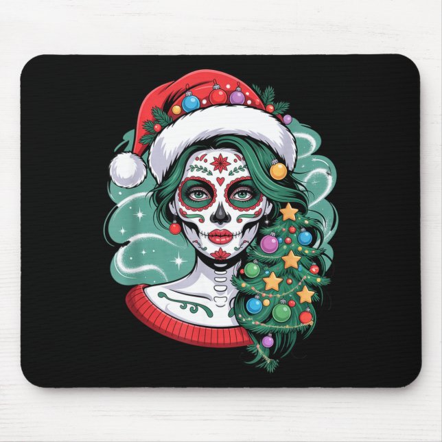 Mousepad Christmas Sugar Skull Art Woman Santa Hat Festive  (Frente)