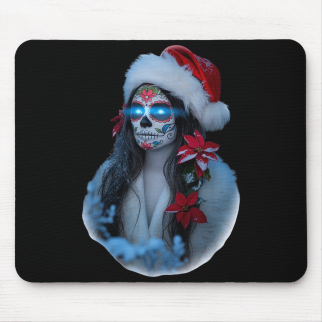 Mousepad Christmas Sugar Skull Art Woman Santa Hat Festive  (Frente)