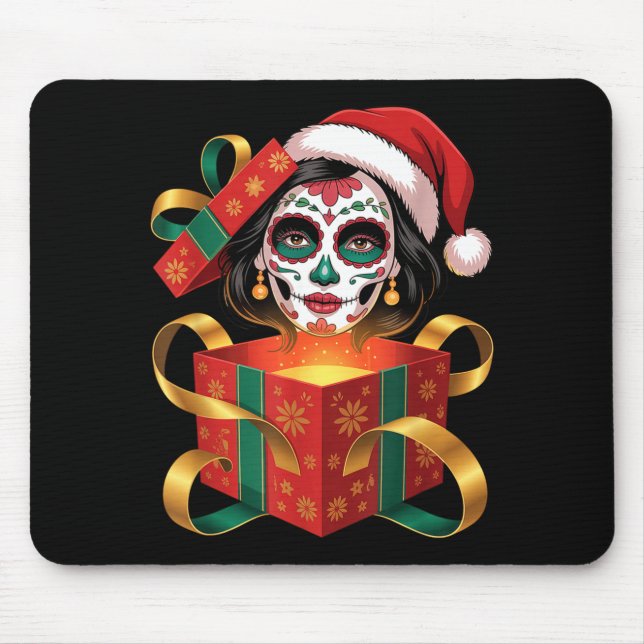 Mousepad Christmas Sugar Skull Art Woman Santa Hat Festive  (Frente)