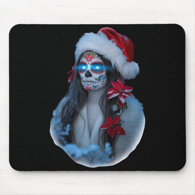 Mousepad Christmas Sugar Skull Art Woman Santa Hat Festive  (Frente)