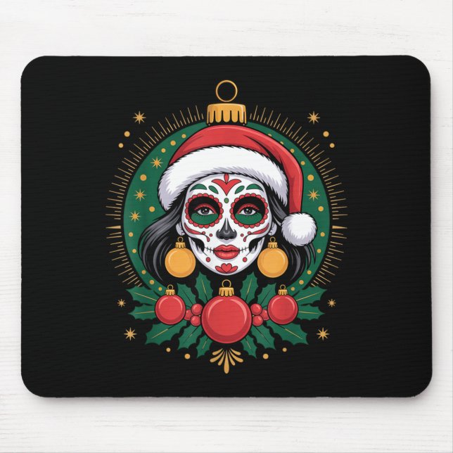 Mousepad Christmas Sugar Skull Art Woman Santa Hat Festive  (Frente)