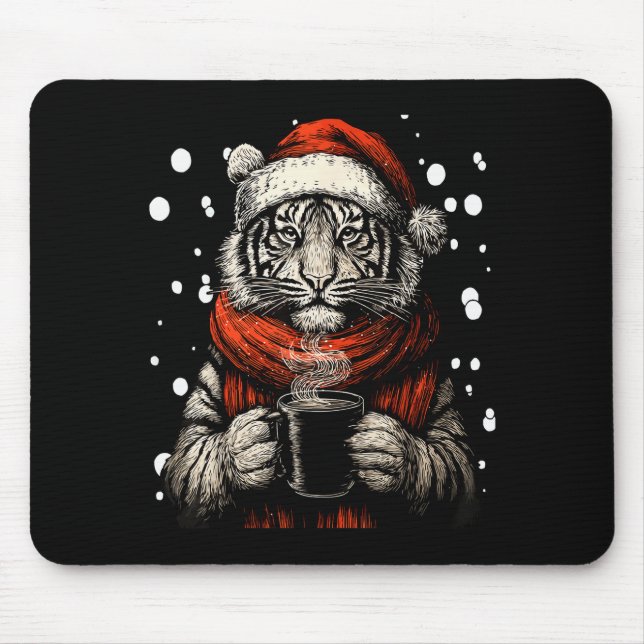 Mousepad Christmas Tiger With Santa Hat Coffee Lover Funny  (Frente)