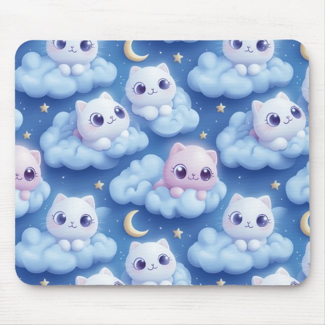 Mousepad "Chubby Kawaii Cats and Clouds 3D Padrão Invisível (Frente)