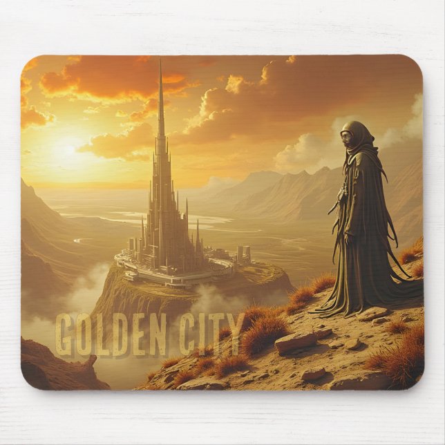 Mousepad Cidade Dourada Arte Futurista de Ficção Científica (Frente)