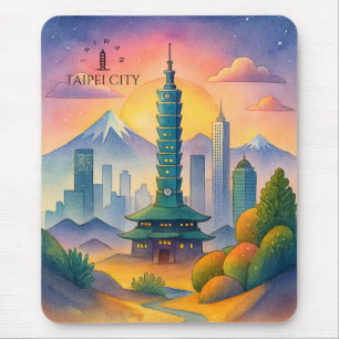 Mousepad Cidade Taipei Taiwan Silhueta Aquarela