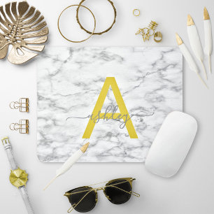 Mousepad Cinza Amarela Chic Nome do Script Branco Marble Mo