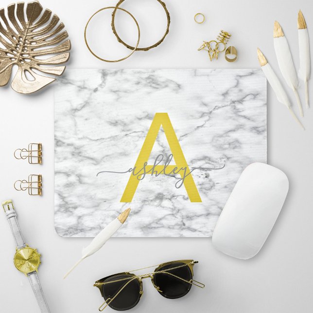 Mousepad Cinza Amarela Chic Nome do Script Branco Marble Mo (Criador carregado)