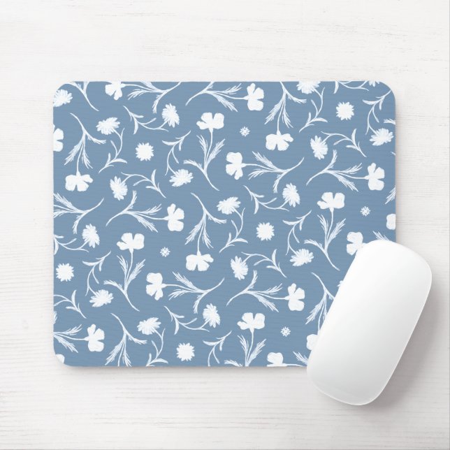 Mousepad Cinza Azul Branco Liberdade Padrão Floral Elegante (Com mouse)
