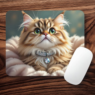 Mousepad Cinza Bonita Fluffy Tabby Cat com Colar Diamante