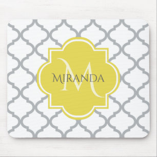 Mousepad Cinza Branca Quatrefoil Amarelo Nome Monograma