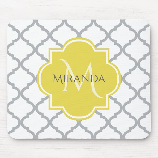 Mousepad Cinza Branca Quatrefoil Amarelo Nome Monograma (Frente)